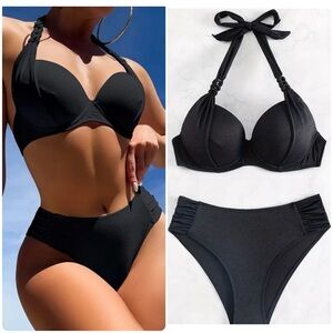 Black Push Up Halter Ruched Bikini Set